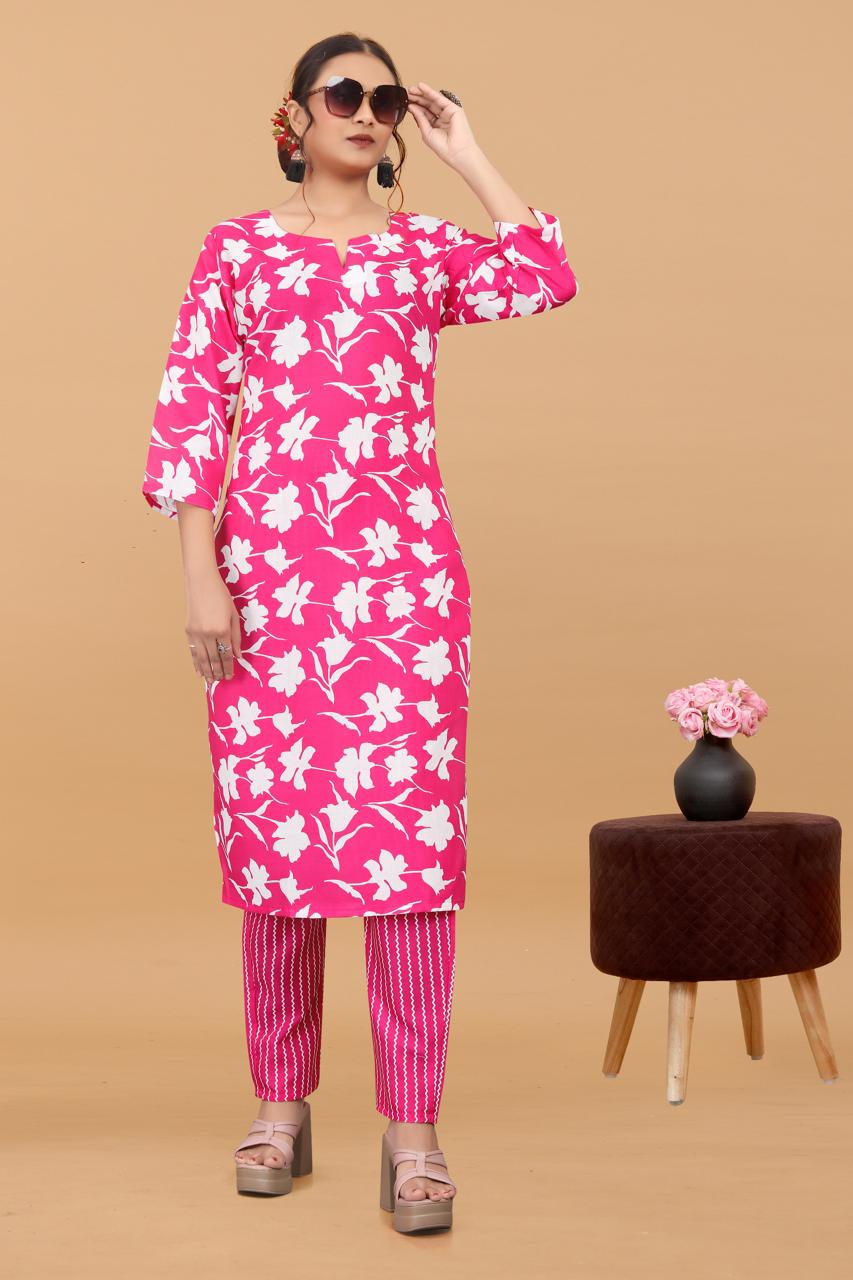 Women's Pink Printed Cotton Kurta With Pants