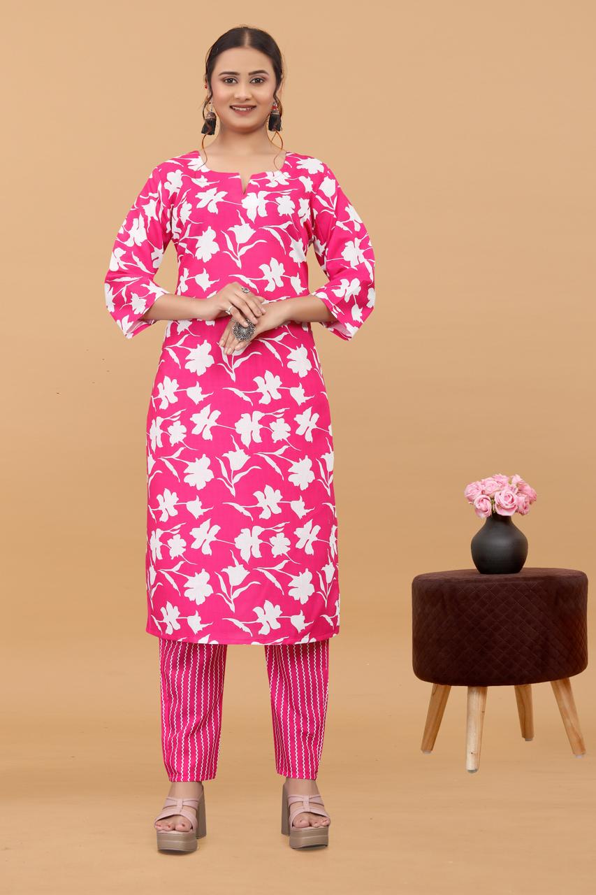 Women's Pink Printed Cotton Kurta With Pants