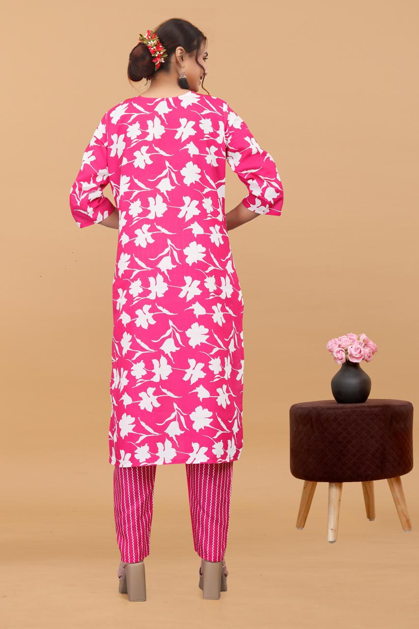 Women's Pink Printed Cotton Kurta With Pants