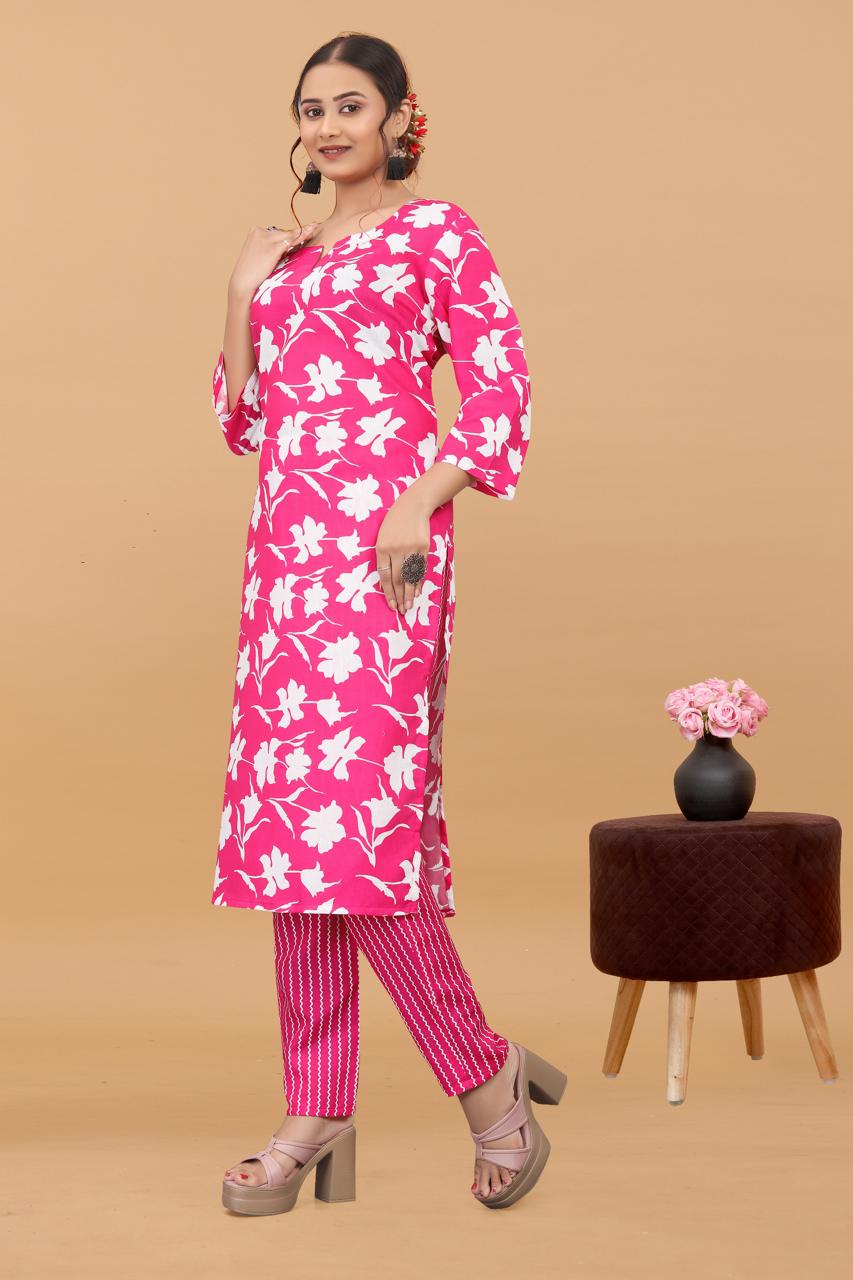 Women's Pink Printed Cotton Kurta With Pants